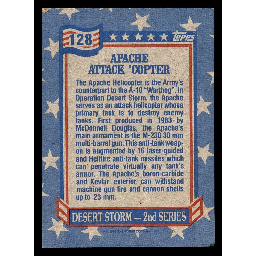 1991 Topps Desert Storm #128 Apache Attack 'Copter Card - Picture 2 of 2